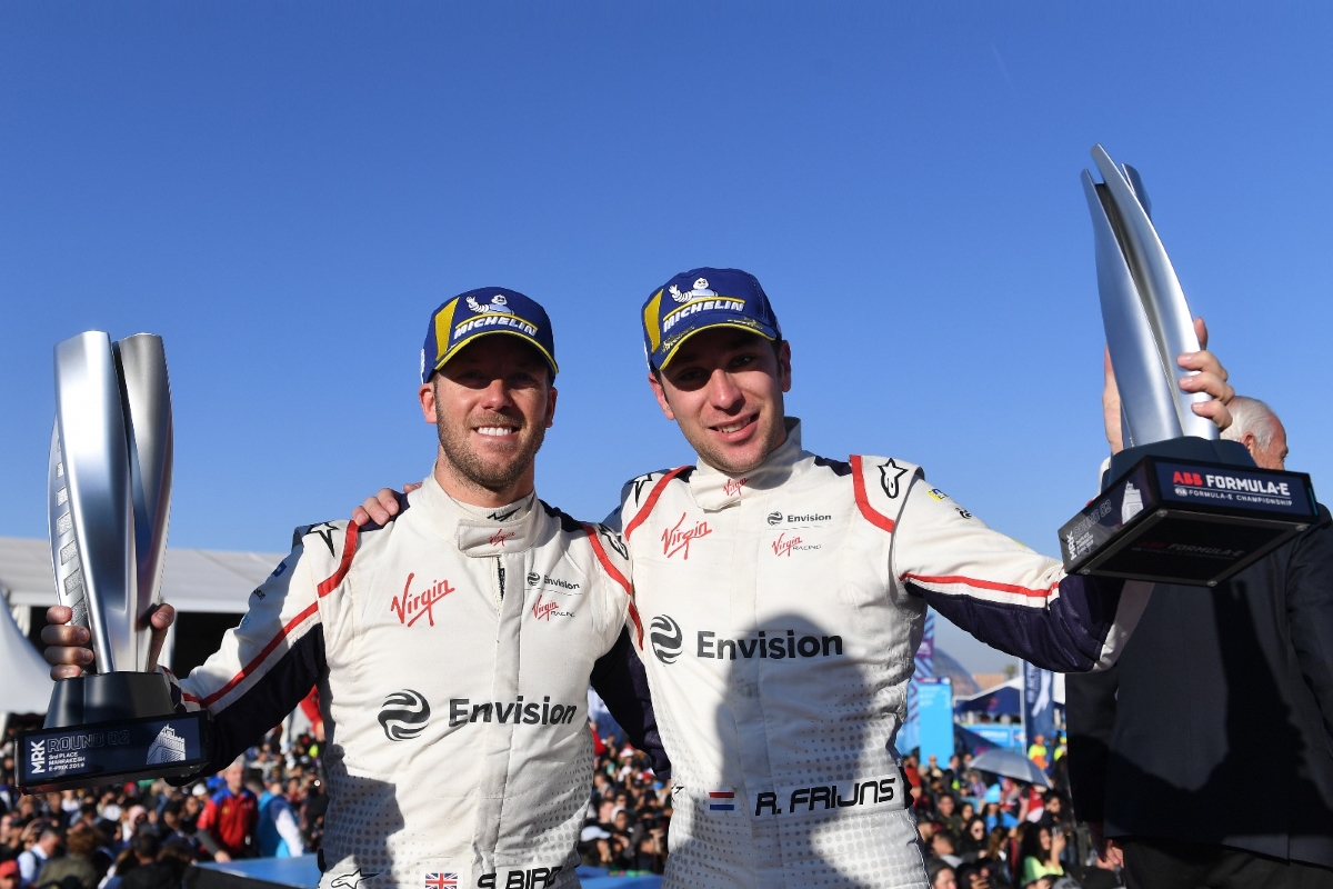Sam-Bird-left-and-Robin-Frijns-celebrate-their-podiums-during-the-Formula-E-Marrakesh-E-Prix