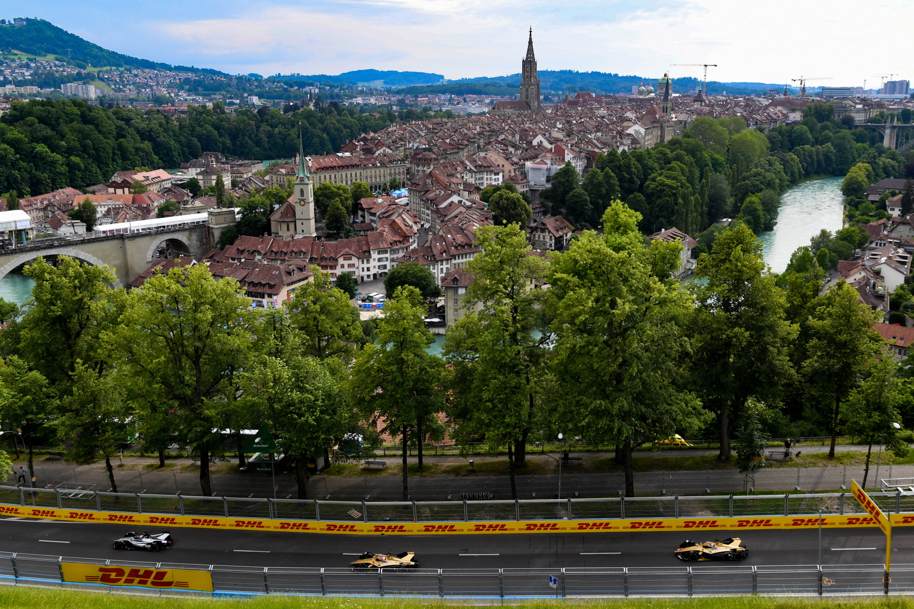 Swiss E-Prix 2019 Bern Shakedown Buemi Vergne Lotterer View from Mountain with trees river and city in the background